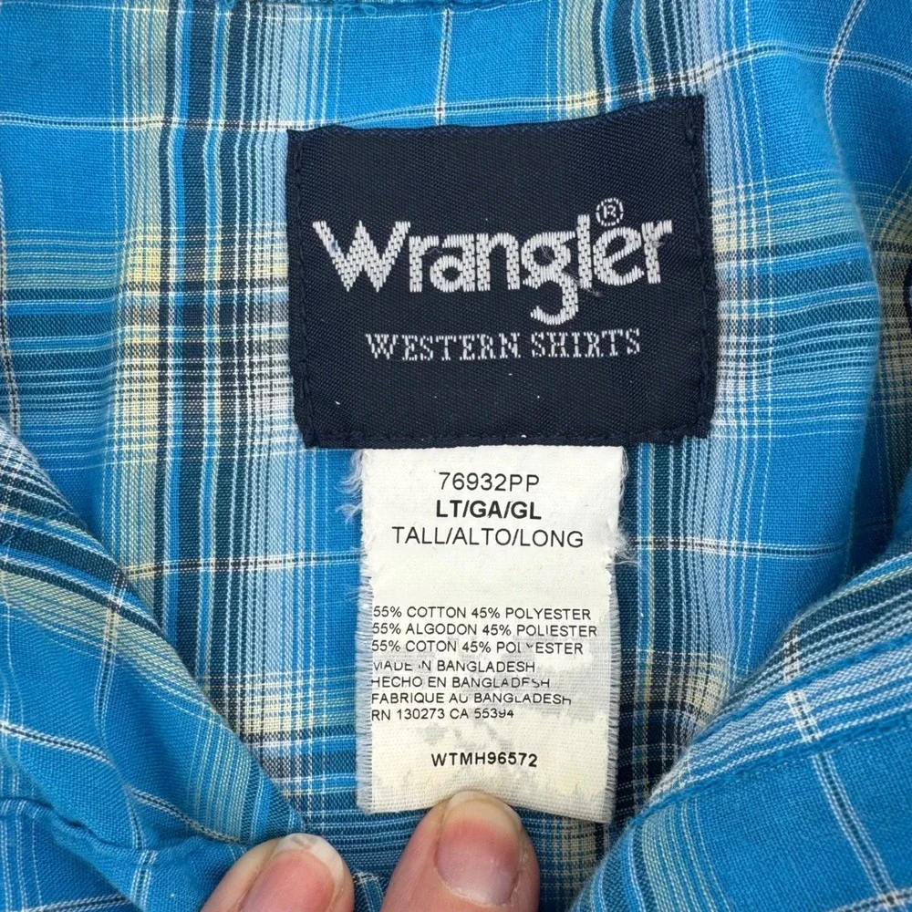 Wrangler Western Shirt Mens Short Sleeve Plaid Blue Tall Size‎ LT